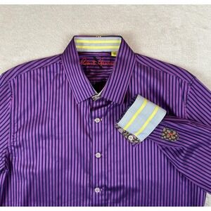 Robert Graham Shirt Mens XL Purple Stripe Slim Fit Contrast Cuff Button Up